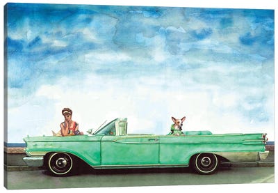 Retro Car Ford Sedan Mercury 1955 With Girl And Dog Canvas Art Print - Ford