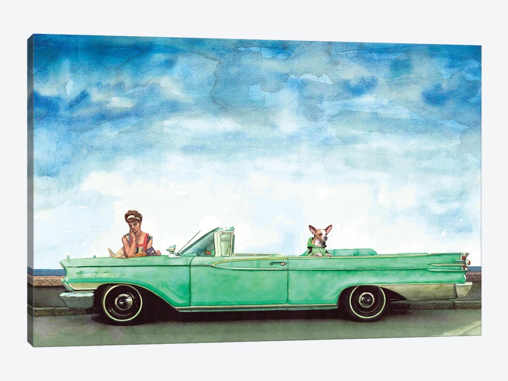 Retro Car Ford Sedan Mercury 1955 With Girl And Dog by REME Jr 1-piece Canvas Artwork