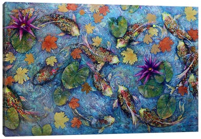 Koi Fish And Golden Leaves Canvas Art Print - Blue Art