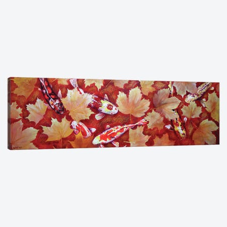 Yellow Leaves And Colored Koi Fish In Red Bottom Pool Canvas Print #RKH113} by Rakhmet Redzhepov Art Print