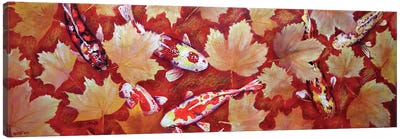 Yellow Leaves And Colored Koi Fish In Red Bottom Pool Canvas Art Print - Koi Fish Art