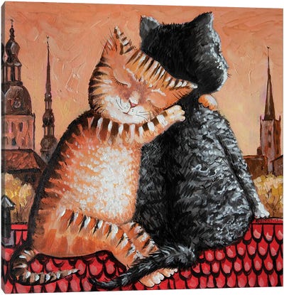 Love On The Roof Canvas Art Print - Orange Cat Art