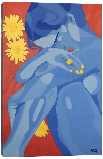 Woman With Flowers Canvas Art Print - Blue Nude Collection
