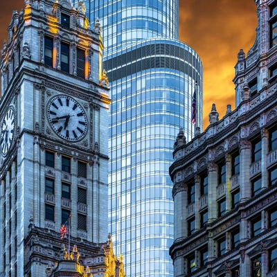Wrigley Building & Trump Tower by Raymond Kunst gallery poster