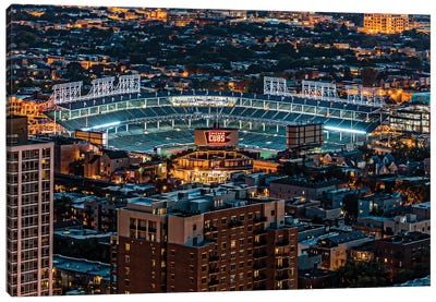 Wrigley Field, Park Place Towers, Nighttime Canvas Art Print - Chicago Cubs