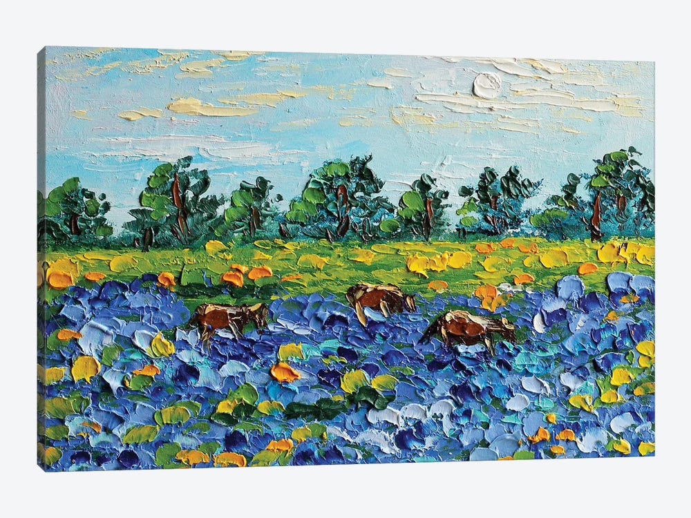Cow Bluebonnets by Romana Khomyn 1-piece Canvas Art Print