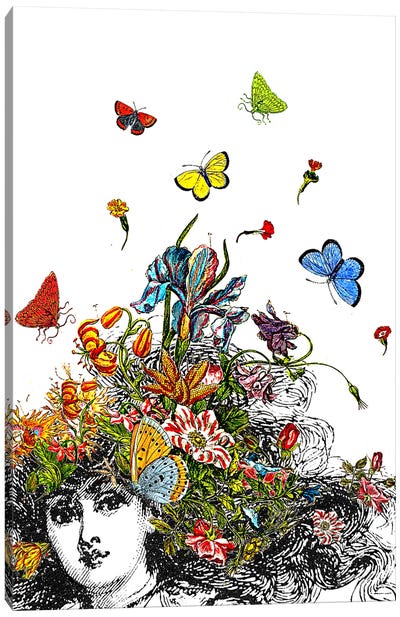 Girl With Butterflies And Flowers Canvas Art Print - Wild Spirit