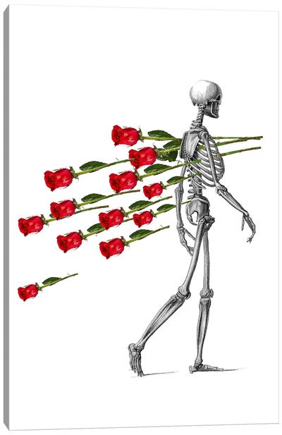 Sceleton And Red Roses Canvas Art Print - Similar to Frida Kahlo