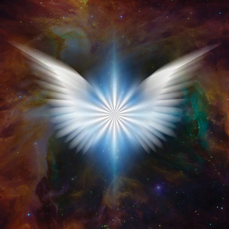 Surreal Digital Art Bright Star With White Angel'S Wings In Vivid Colorful Universe