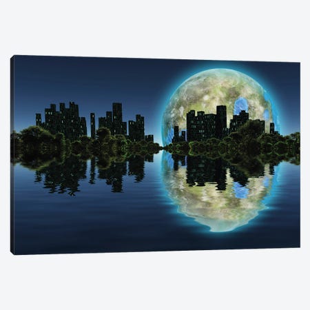 Future City With Green Trees On A Water Surface Giant Terraformed Moon In The Sky Canvas Print #RLF130} by Bruce Rolff Canvas Wall Art