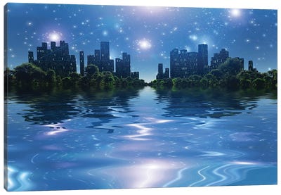 City Surrounded By Green Trees In Water World Bright Stars In The Sky Canvas Art Print