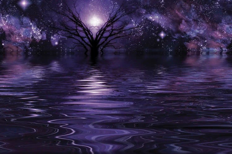 Mystic Tree In Purple Water Scene Bright Stars In The Sky