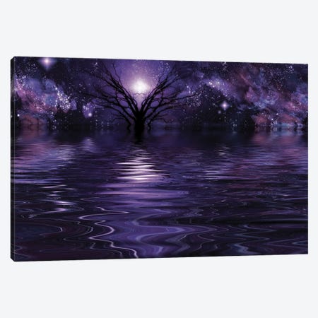 Mystic Tree In Purple Water Scene Bright Stars In The Sky Canvas Print #RLF183} by Bruce Rolff Art Print