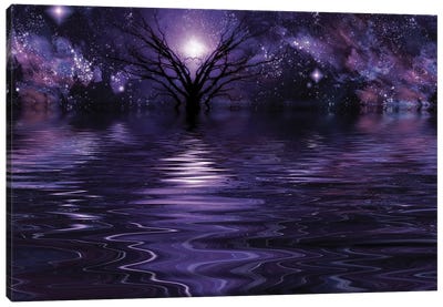 Mystic Tree In Purple Water Scene Bright Stars In The Sky Canvas Art Print