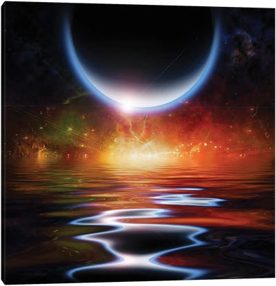 Black Planet Rises Over Vivid Starry Horizon And Reflecrs In The Water Surface Canvas Art Print
