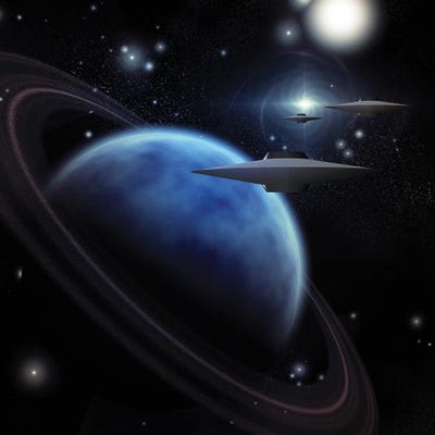 Spacecrafts In Space Near Ringed Planet by Bruce Rolff art print