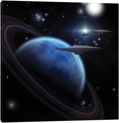 Spacecrafts In Space Near Ringed Planet Canvas Art Print