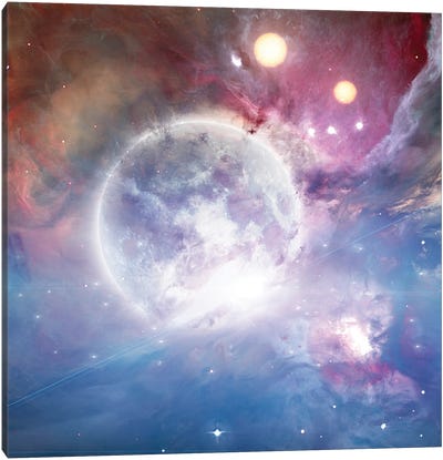 Bright Moon, Two Suns In Colorful Deep Space Canvas Art Print