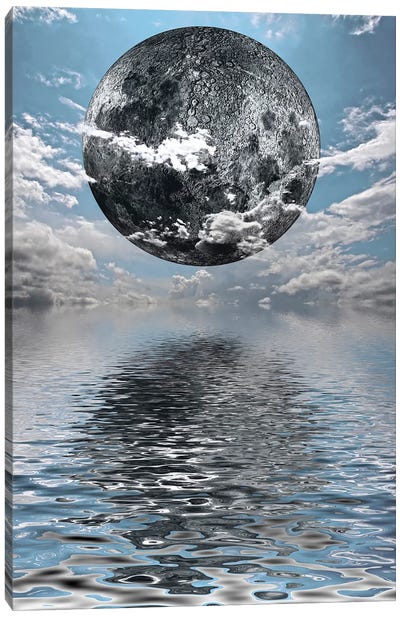Big Moonrise Over Water Surface Clouds In The Sky Canvas Art Print