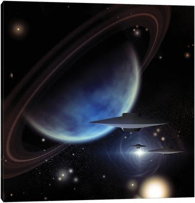 Alien Space Crafts Near Giant Ringged Planet Canvas Art Print