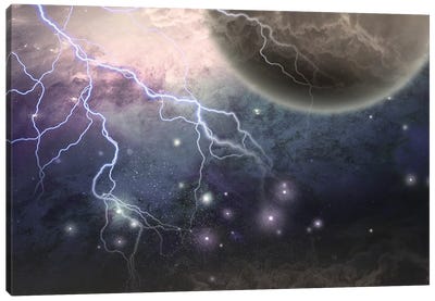 Deep Space Scene Lightnings And Mystic Planet Canvas Art Print - Lightning