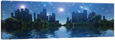 City Surrounded By Green Trees In Water World Bright Stars In The Sky 3D Rendering Canvas Art Print