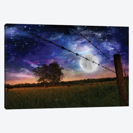 Starry Night With Bright Moon And Farmers Fence In The Field Canvas Print #RLF24} by Bruce Rolff Canvas Art