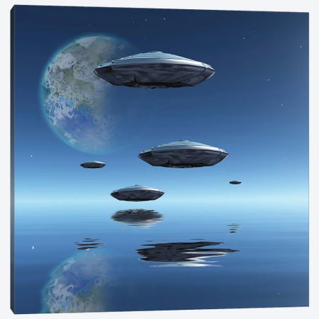Terraformed Moon And Spacecrafts Over Water Surface 3D Rendering Canvas Print #RLF257} by Bruce Rolff Canvas Art