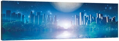 City Of Future Surrounded By Green Trees In Water World Giant Moon In The Sky Canvas Art Print