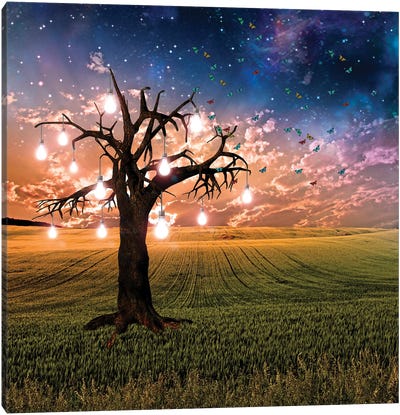 Light Bulbs Growing On A Tree At Sunset Canvas Art Print