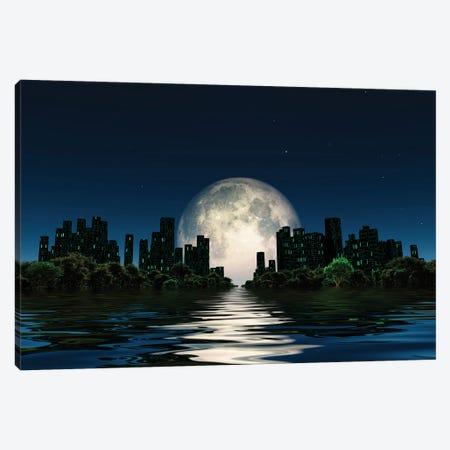 City Surrounded By Green Trees In Water World With A Giant Moon In The Sky Canvas Print #RLF307} by Bruce Rolff Canvas Wall Art