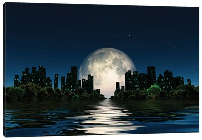 City Surrounded By Green Trees In Water World With A Giant Moon In The Sky Canvas Art Print