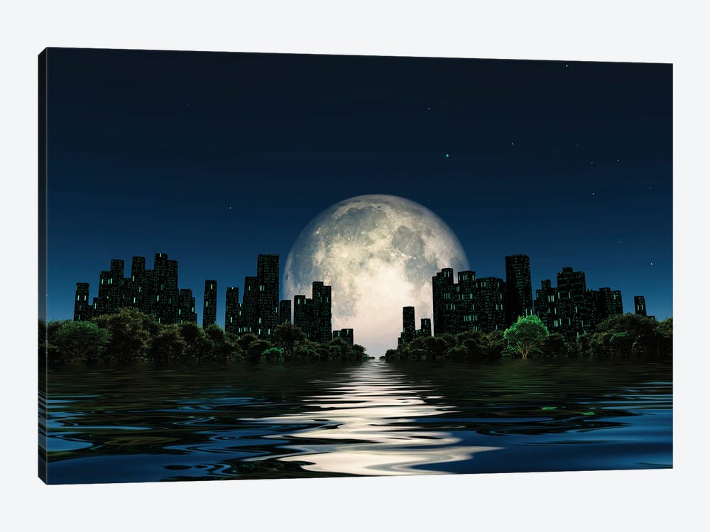 City Surrounded By Green Trees In Water World With A Giant Moon In The Sky by Bruce Rolff 1-piece Canvas Wall Art