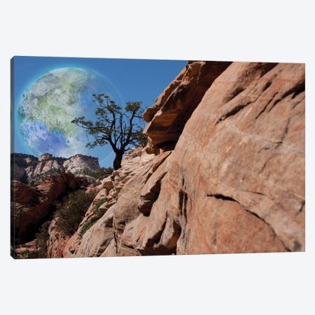 Fantastic Red Rock Mountains Terraformed Moon In The Sky 3D Rendering Canvas Print #RLF51} by Bruce Rolff Canvas Art