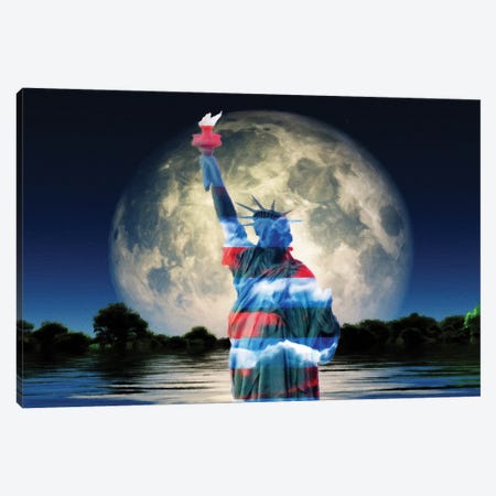 Surrealism Liberty Statue In National Colors Giant Moon Rises Over Water Surface Canvas Print #RLF77} by Bruce Rolff Art Print
