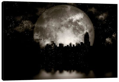 3D Rendering Full Moon Over Night City Canvas Art Print