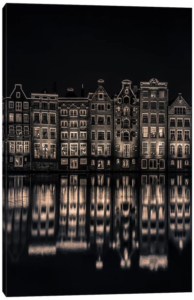 Amsterdam By Night (Black And White) Canvas Art Print - Amsterdam Skylines