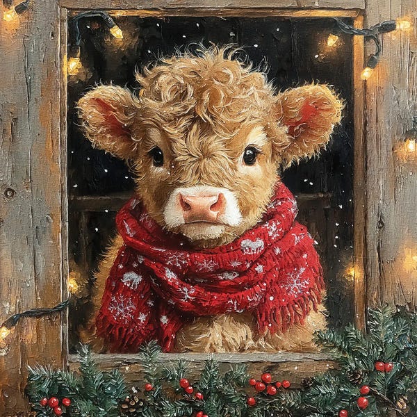 Christmas Animals: Christmas Lights Brown Cow by Willow Studio