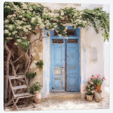 Blue Greek Door X Canvas Print #RLY31} by RileyB Art Print