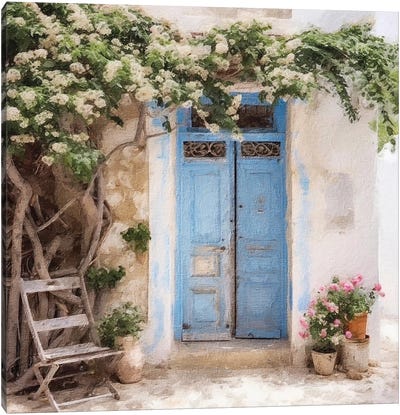 Blue Greek Door X Canvas Art Print - Greece Art