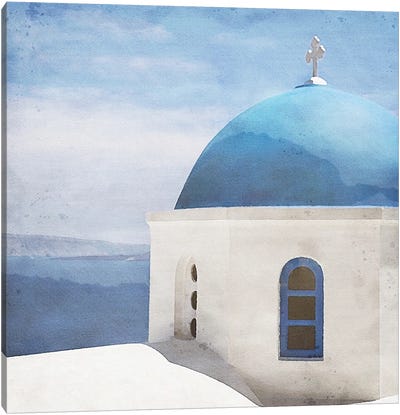 Blue And White Canvas Art Print - Blue Domed Church Santorini