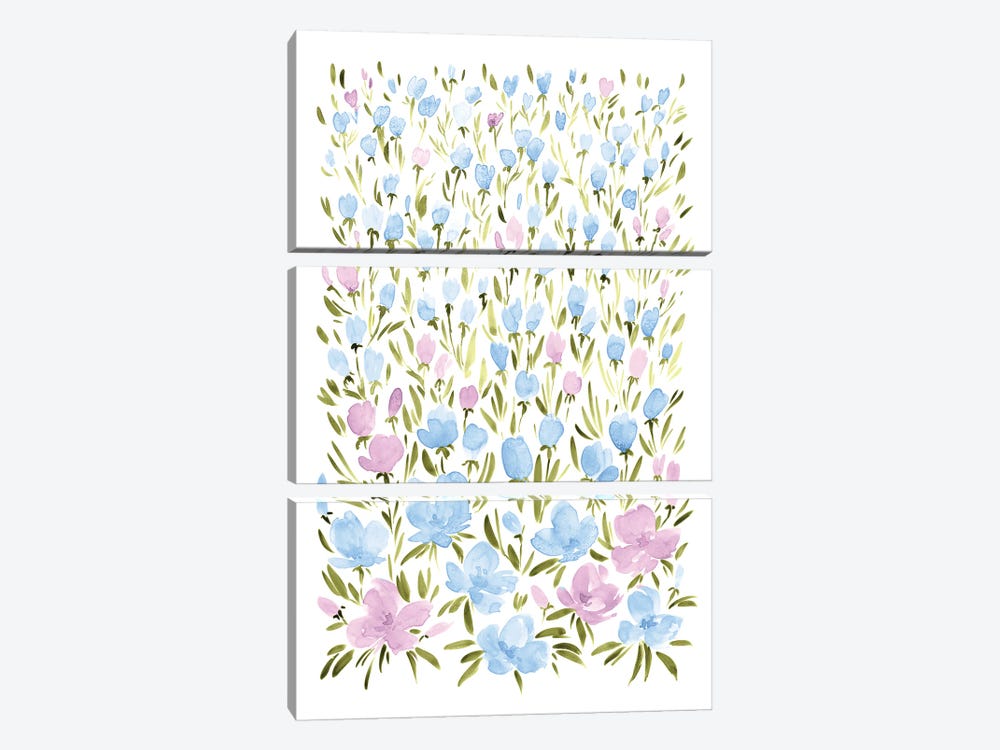 Field Of Pink And Blue Wildflowers by blursbyai 3-piece Canvas Wall Art