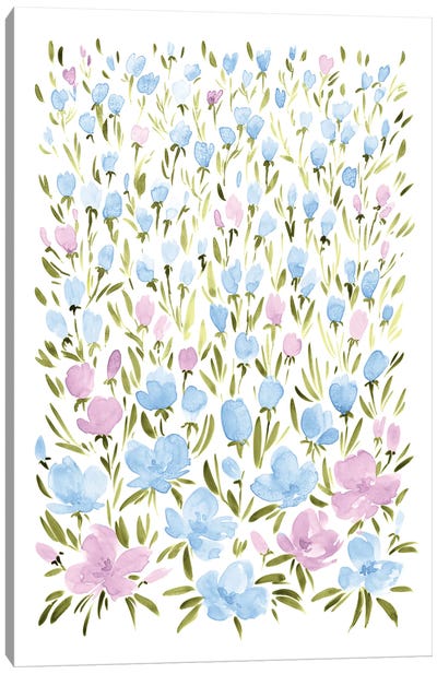 Field Of Pink And Blue Wildflowers Canvas Art Print - blursbyai