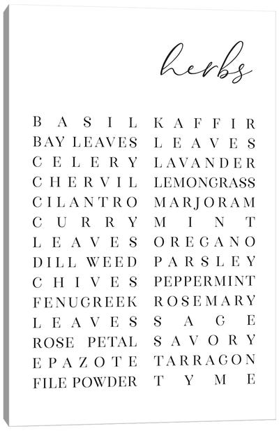List Of Herbs Canvas Art Print - Minimalist Kitchen Art