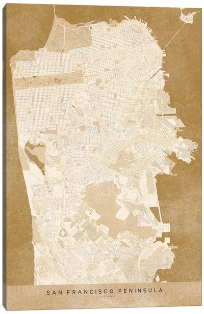 Vintage Sepia San Francisco Map Canvas Art Print - San Francisco Maps