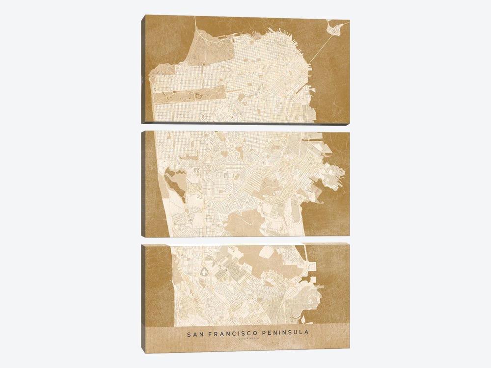 Vintage Sepia San Francisco Map by blursbyai 3-piece Canvas Wall Art