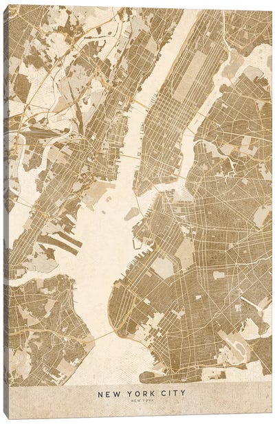 Vintage Sepia New York City Map Canvas Art Print - New York City Map