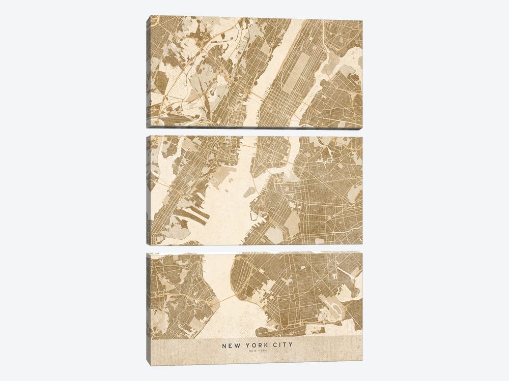 Vintage Sepia New York City Map by blursbyai 3-piece Canvas Artwork
