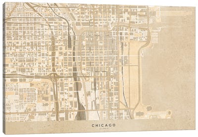 Vintage Sepia Map Chicago Downtown Canvas Art Print - Chicago Maps