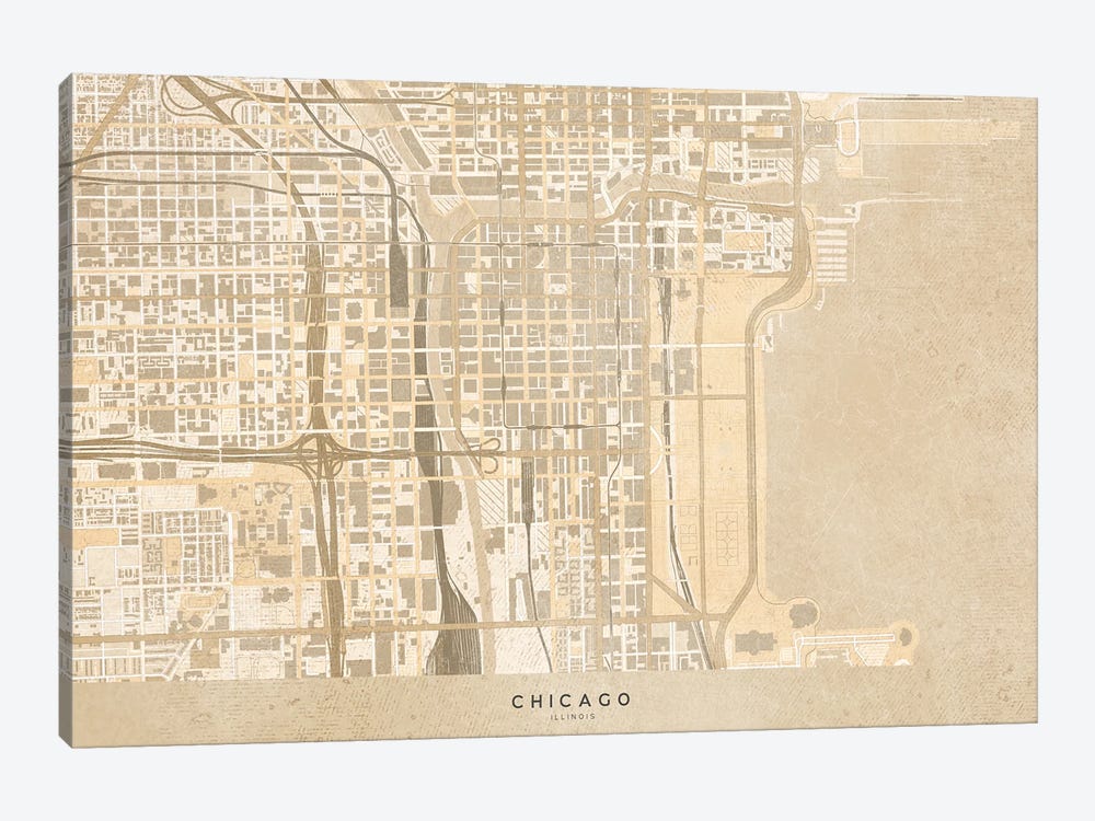 Vintage Sepia Map Chicago Downtown by blursbyai 1-piece Canvas Art Print